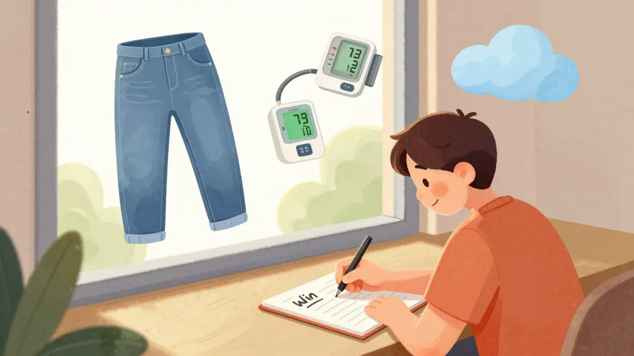 Person writing in a health journal surrounded by symbols of progress and well-being.