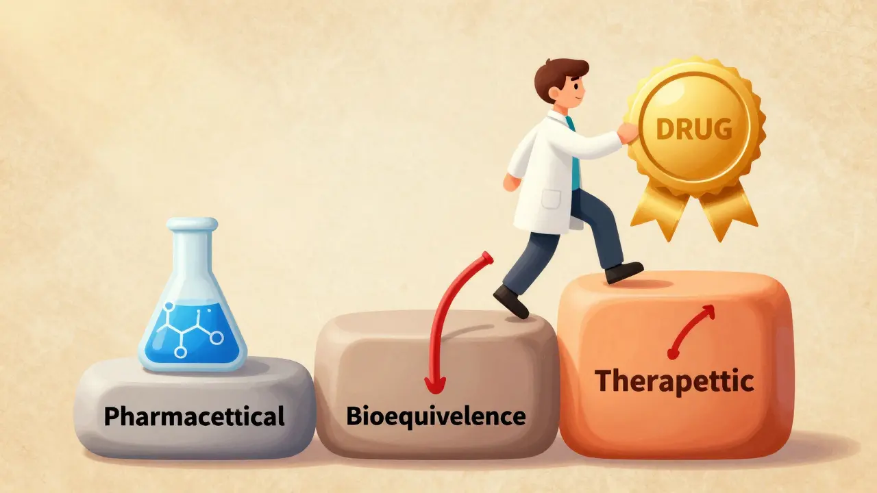 Three stepping stones representing the tiers of pharmaceutical, bio, and therapeutic equivalence