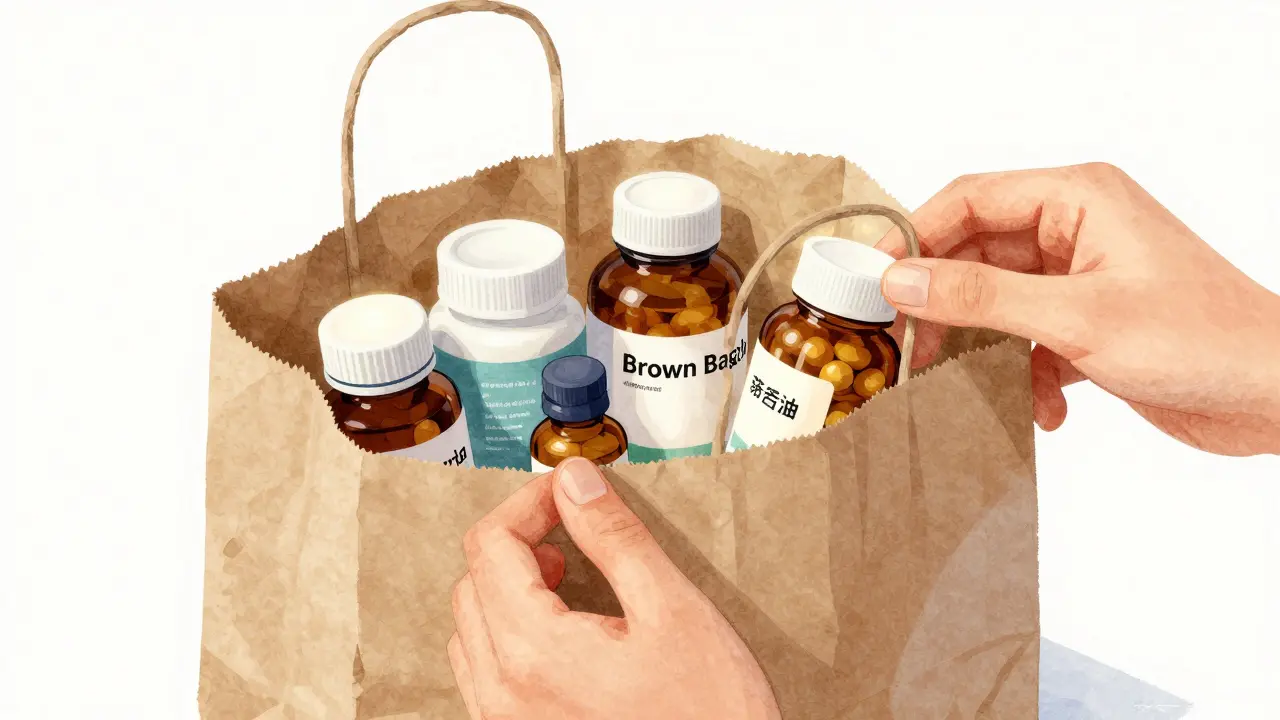 A brown bag filled with medications being inspected by a healthcare provider.