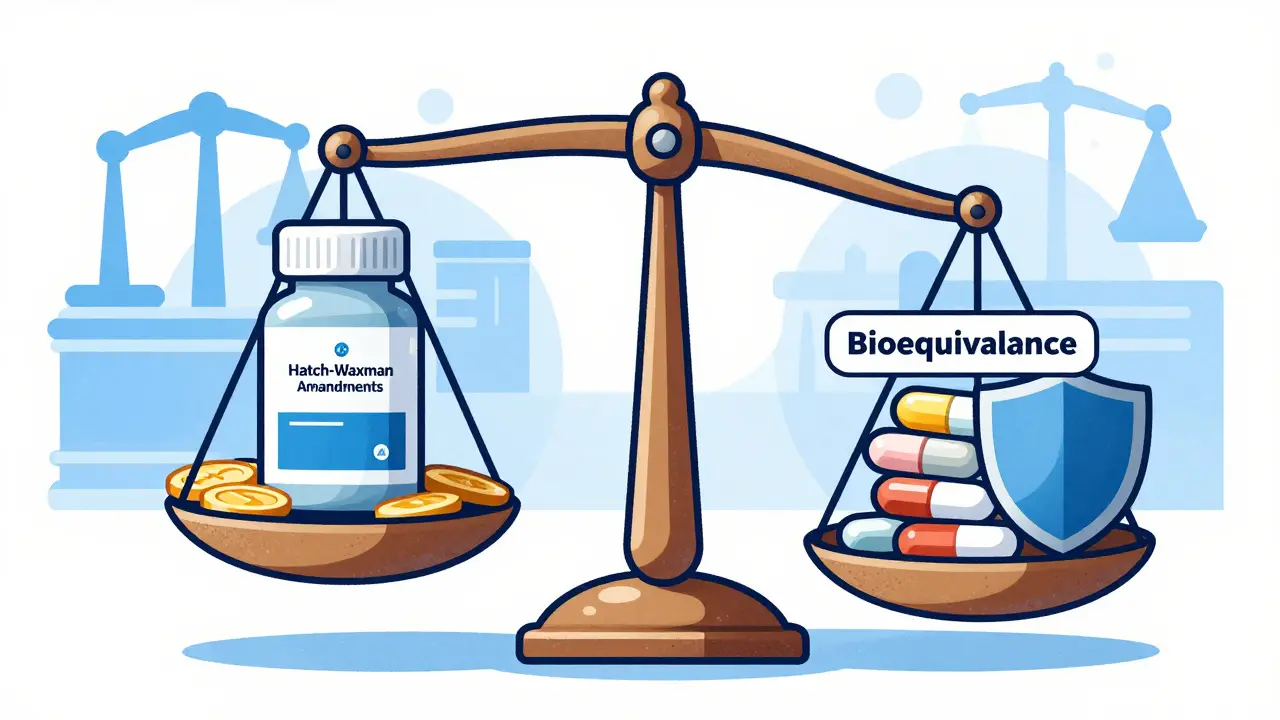 Balance scale showing brand-name innovation vs generic affordability