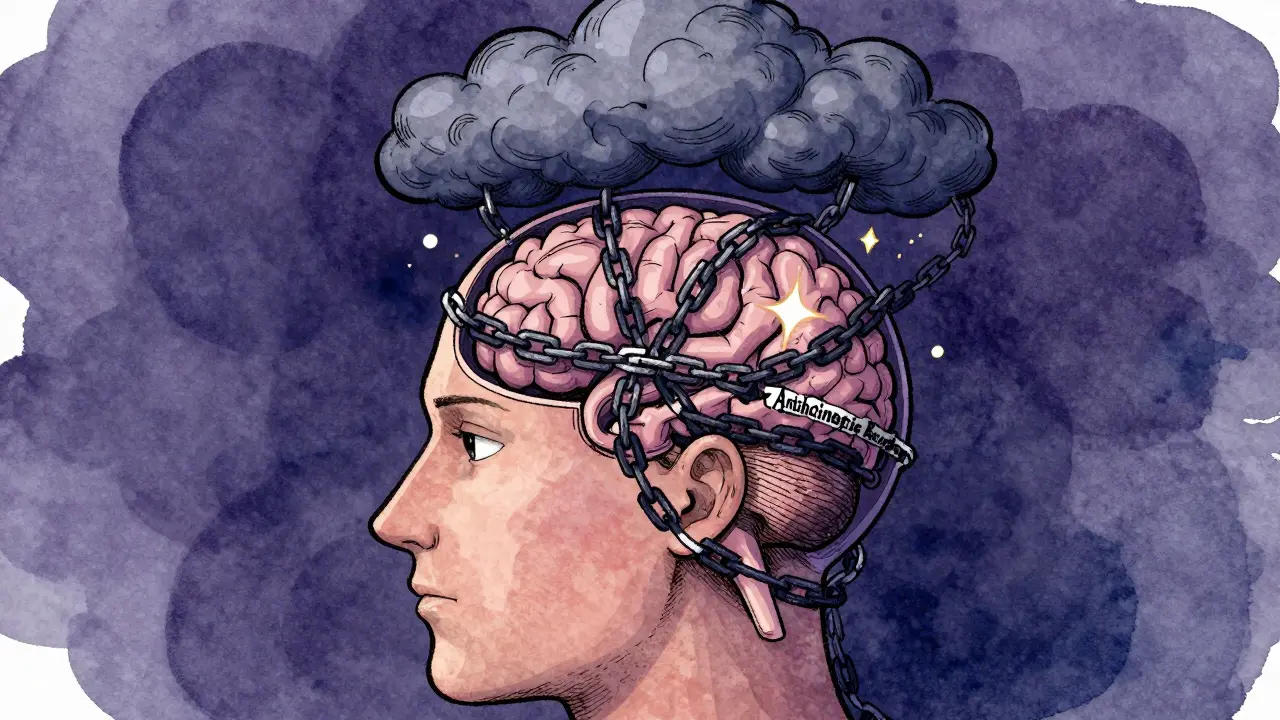 Brain illustration showing anticholinergic burden chains