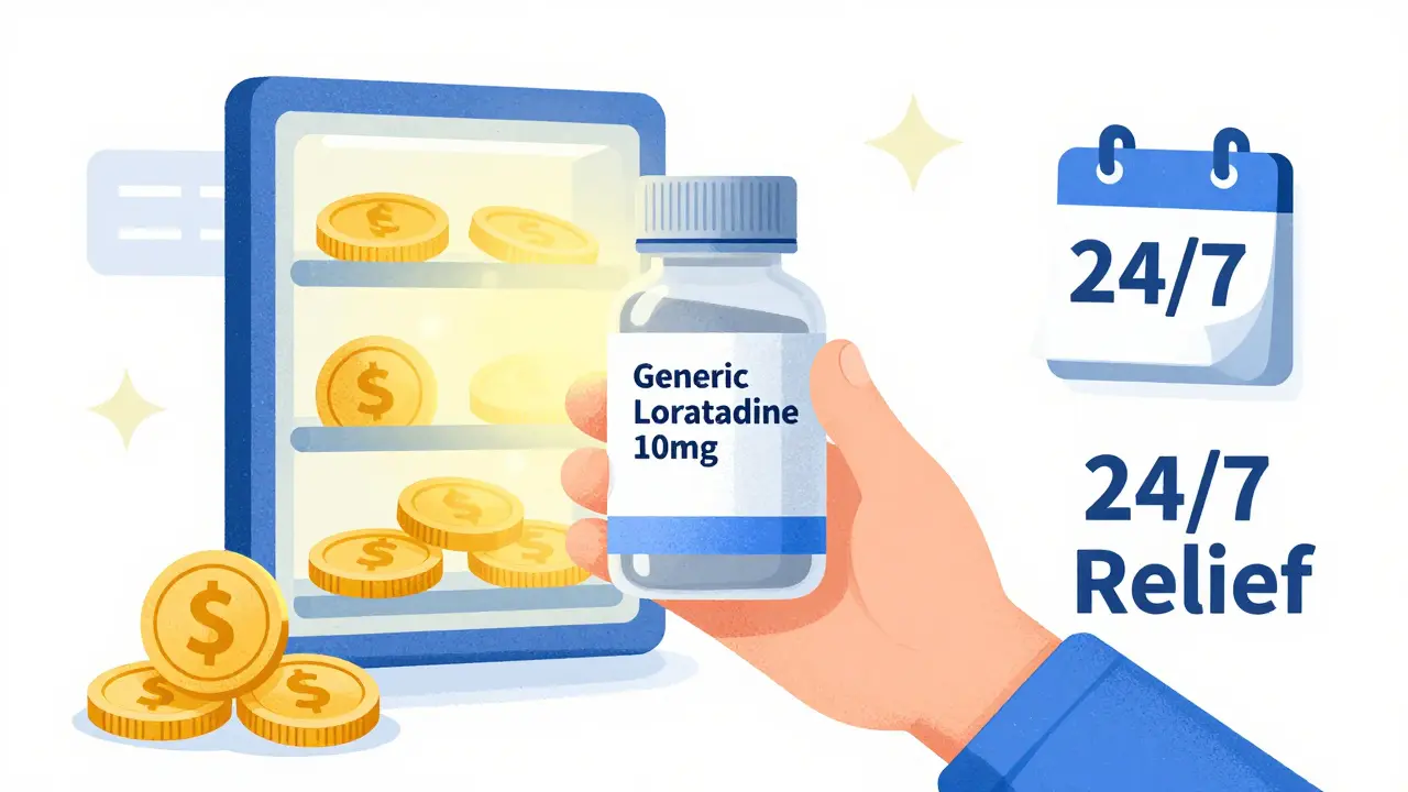 Cartoon hand selecting a bottle of generic loratadine from a glowing digital shelf
