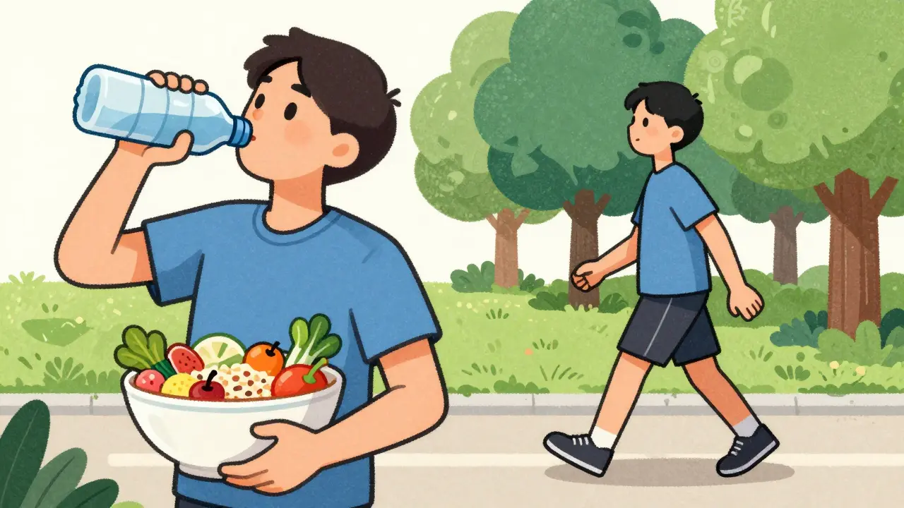 Character hydrating, eating healthy food, and walking for digestion