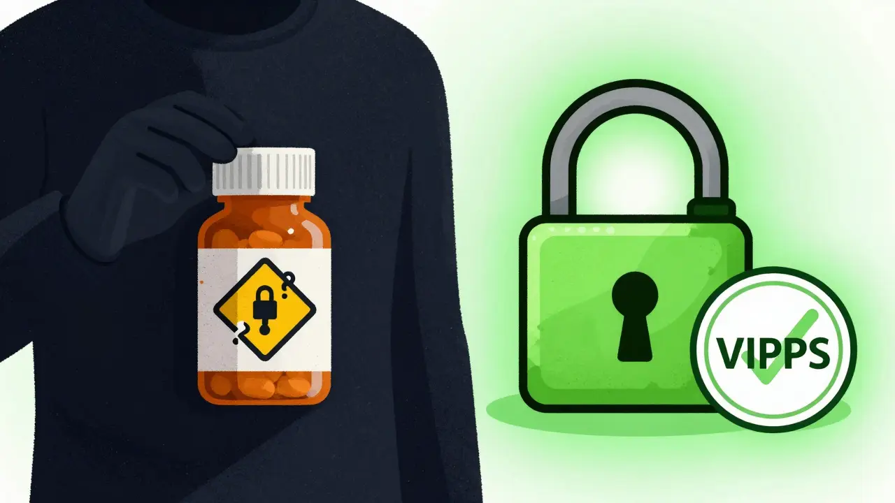 Contrast between unsafe fake pills and verified safe pharmacy seal