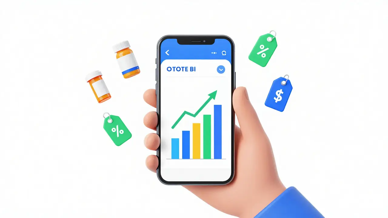 Hand holding phone showing price comparison for medication costs
