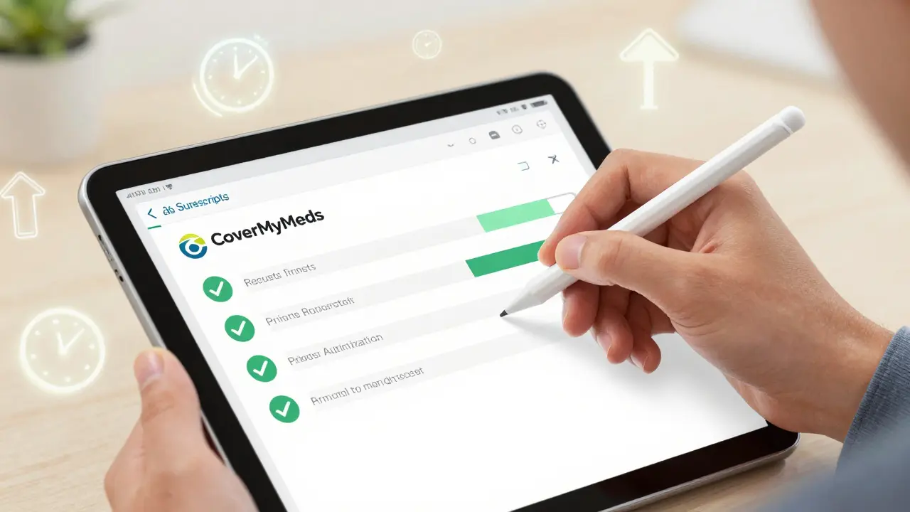 Hand using tablet to submit electronic prior authorization with fast-tracking icons.