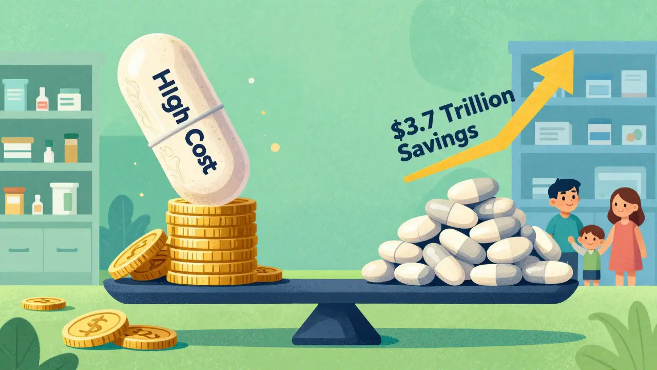 Illustration of a scale showing generic drugs balancing costs with massive savings.