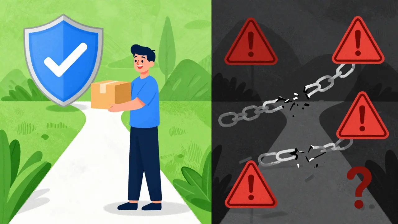 Illustration showing safe vs unsafe online pharmacy paths with shields and warning signs.