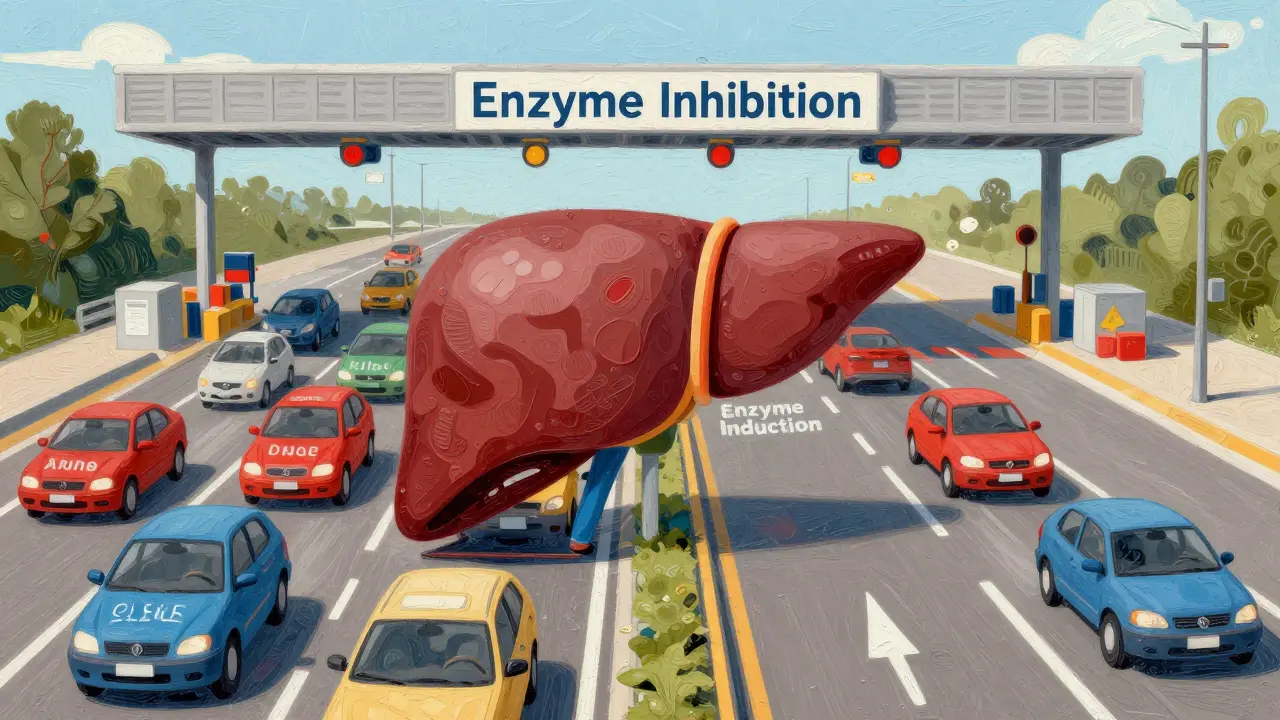 Metaphorical liver enzyme highway with blocked medication traffic