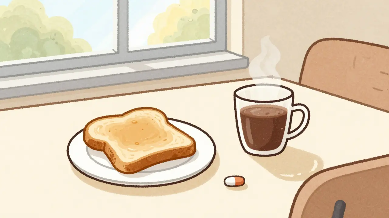 Morning breakfast scene with a pill on a plate, illustrating daily medication routine.