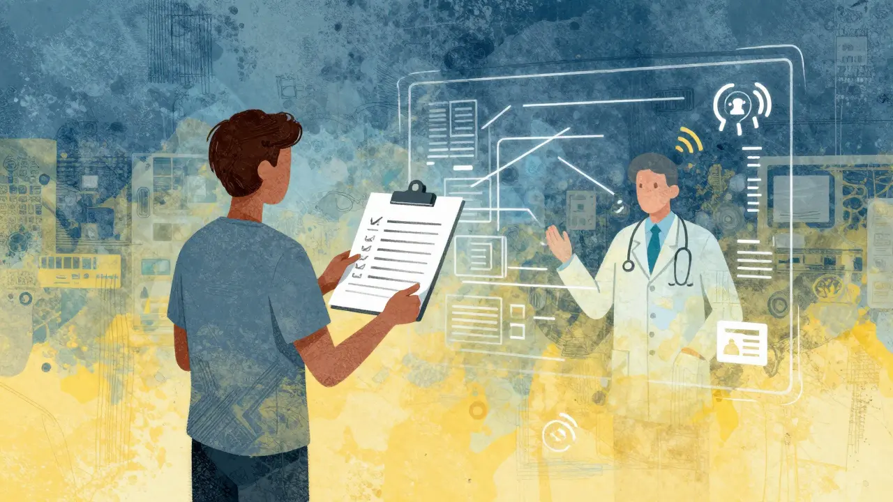 Patient using a checklist to clarify medication info amidst digital noise.