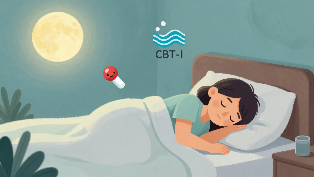 Peaceful sleeper with melatonin and therapy symbols