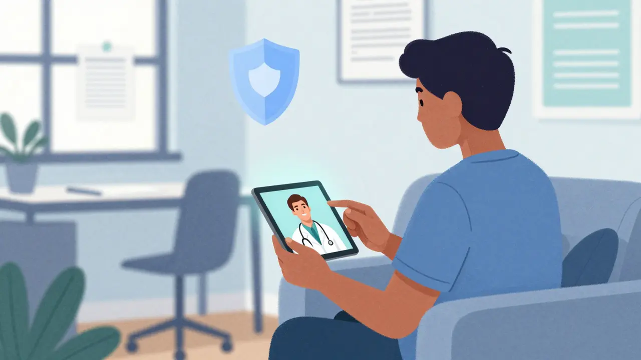 Person using tablet for a safe telehealth doctor consultation at home.