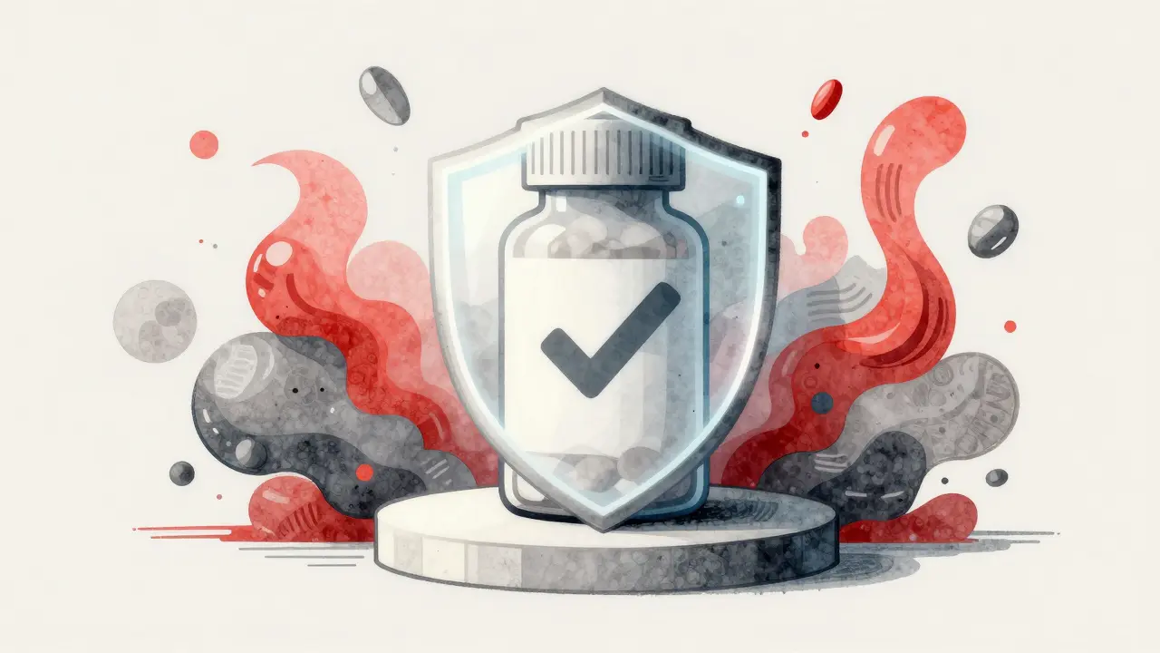 Shield protecting medicine bottle from counterfeit risks in an illustration.