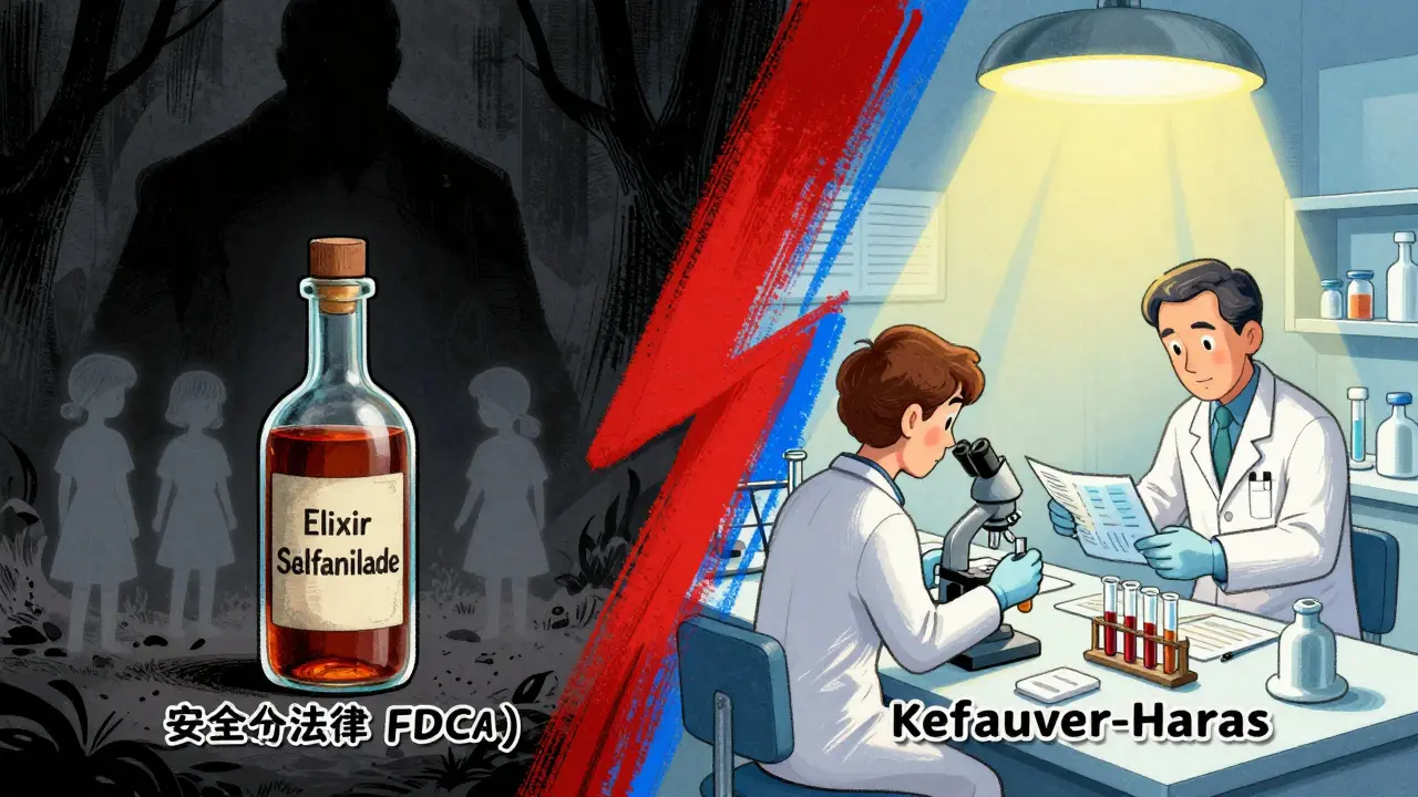 Split illustration contrasting the Elixir Sulfanilamide tragedy with modern lab testing.