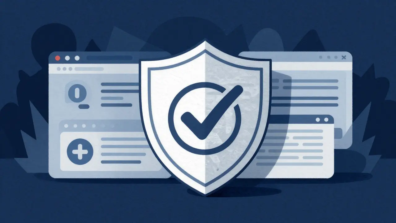 Textured illustration of a shield protecting against online pharmacy scams