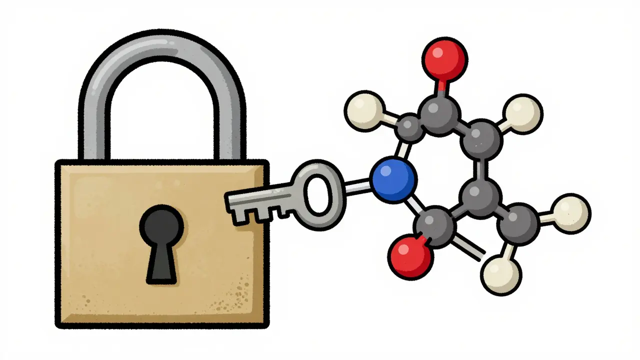 Artistic representation of enzyme inhibition showing molecules blocking a biological pathway.