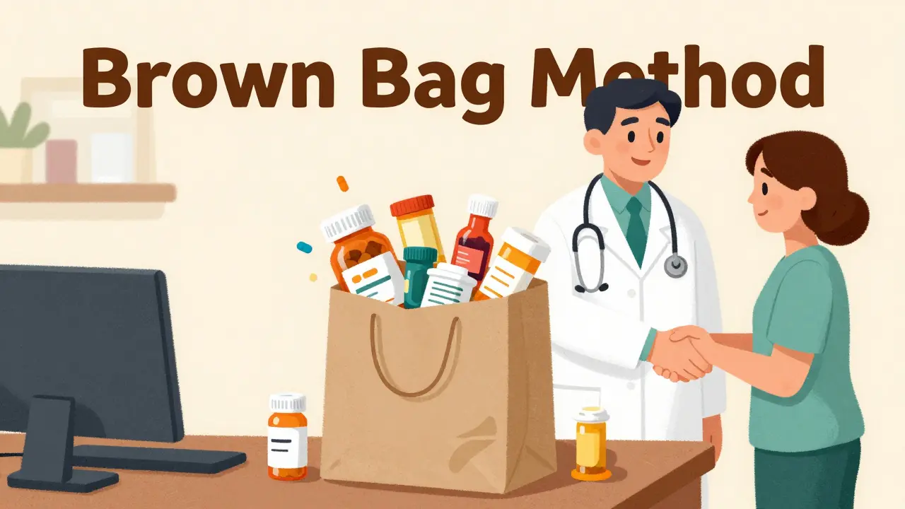 Brown paper bag filled with medicine bottles on a doctor's desk