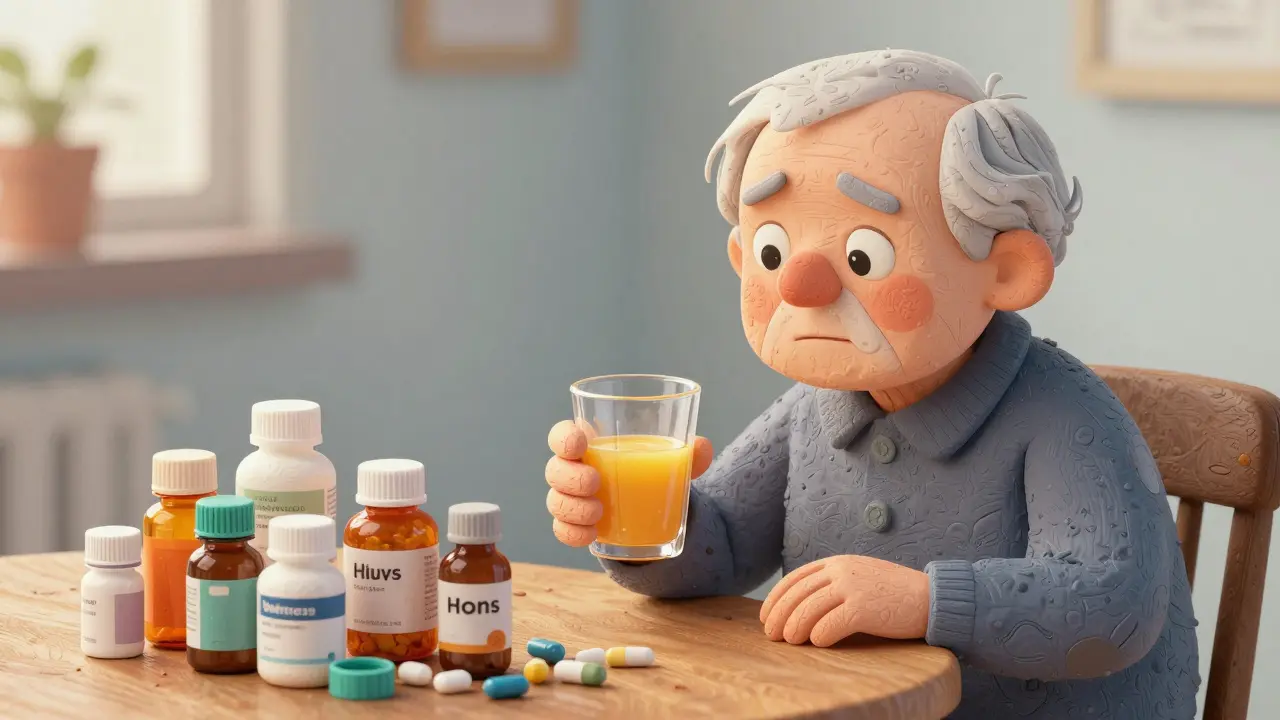 Cartoon depiction of an older adult reviewing medications alongside fruit juice, highlighting health risks.