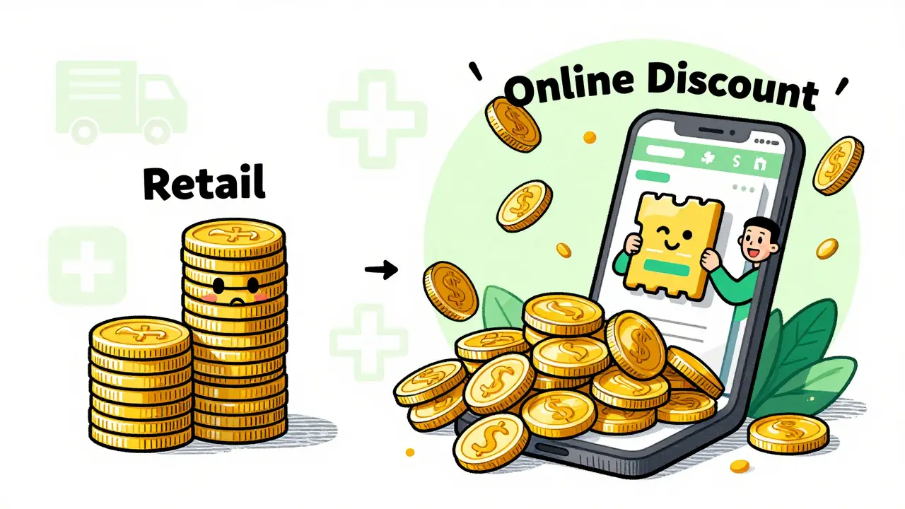 Cartoon showing cost savings of buying meds online vs retail