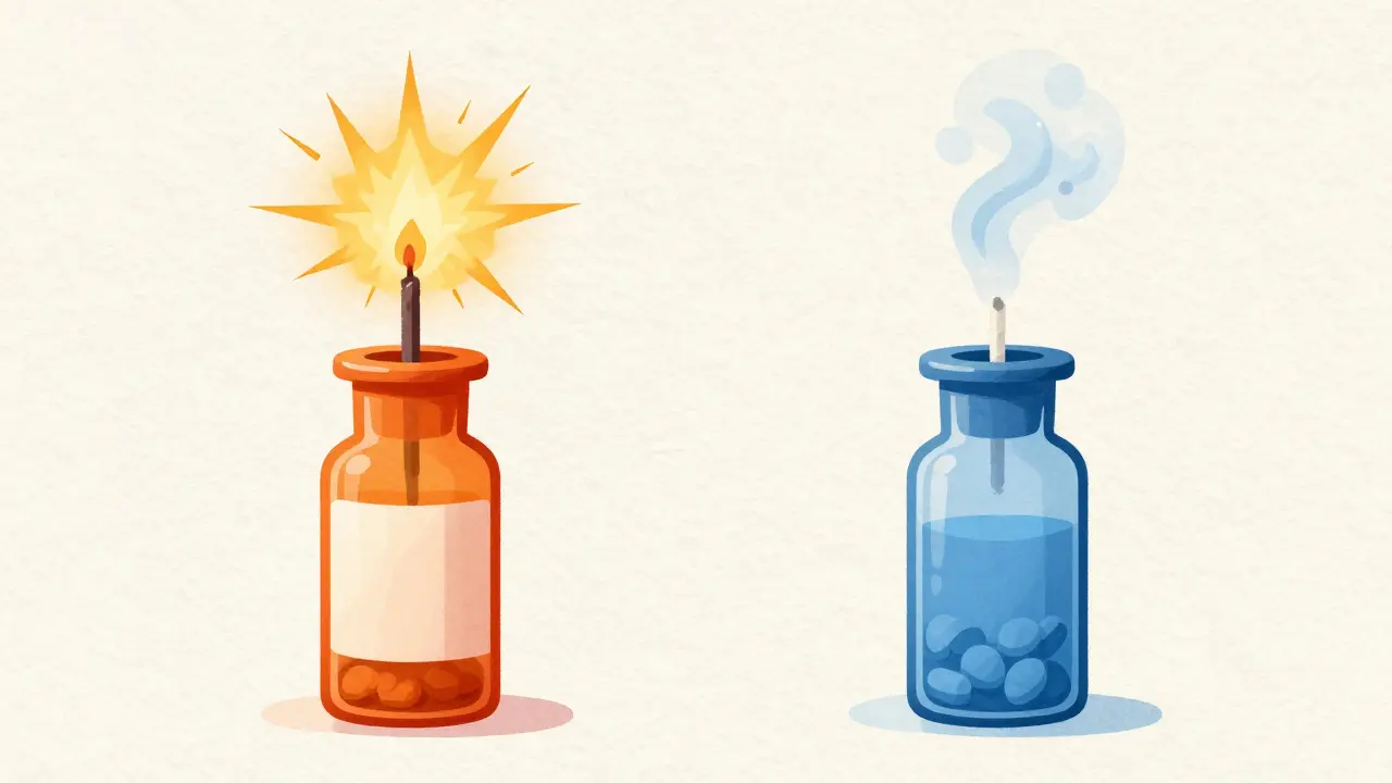 Conceptual art comparing fast vs slow drug half-lives using burning fuses on pill bottles