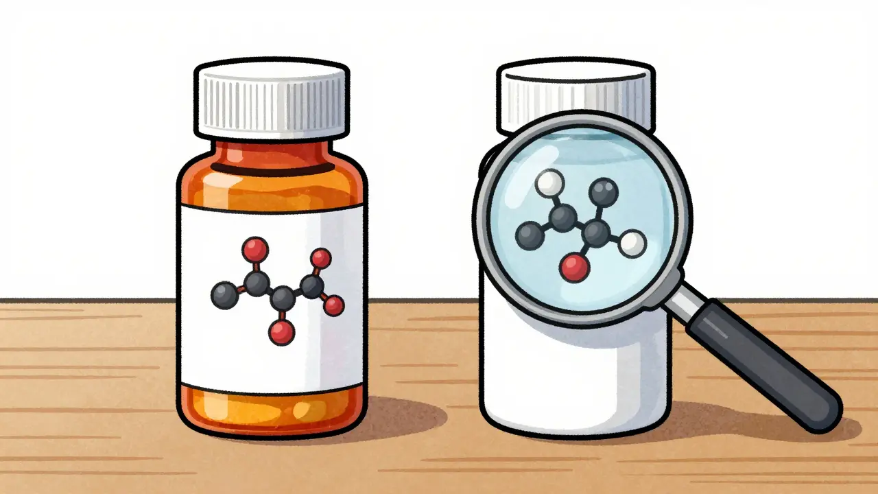 Illustration comparing brand and generic pills showing identical molecules