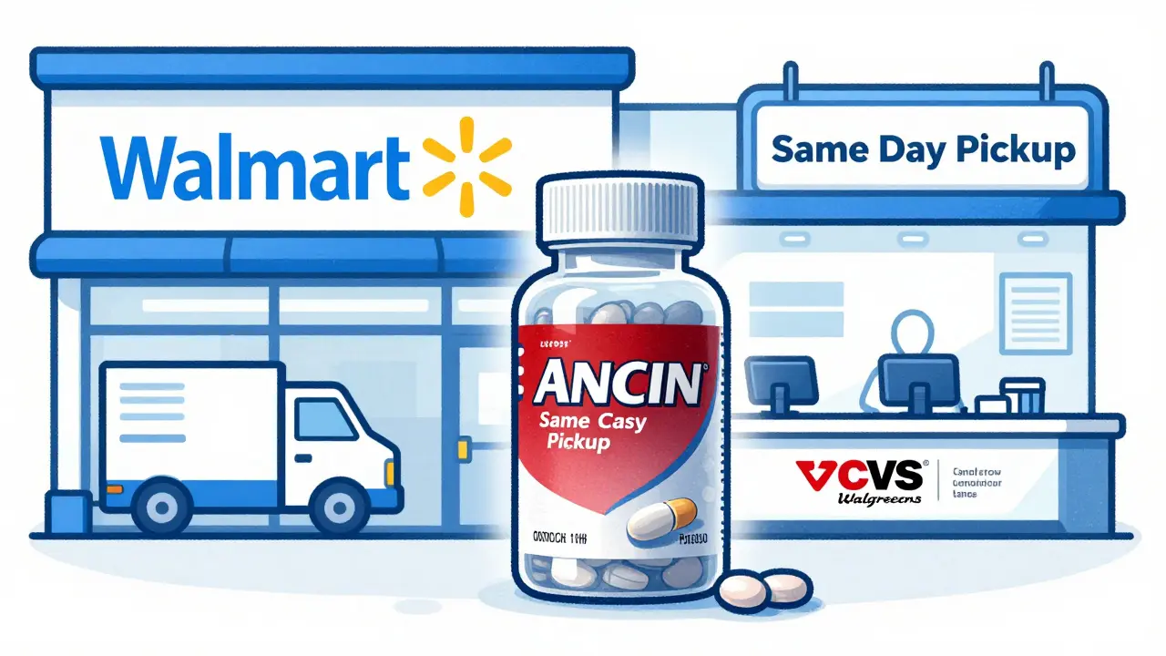 Illustration comparing online grocery stores and pharmacies for buying pills