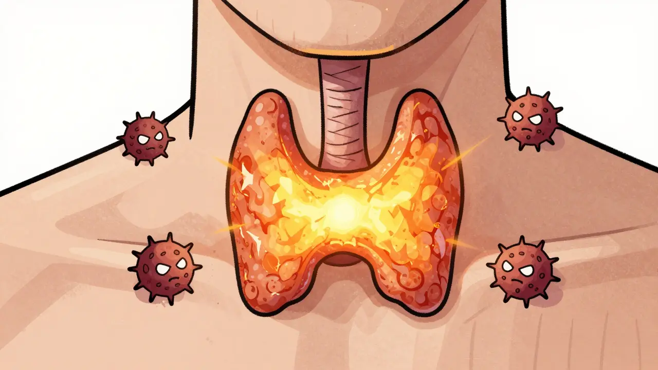 Illustration of immune cells attacking an overactive thyroid gland