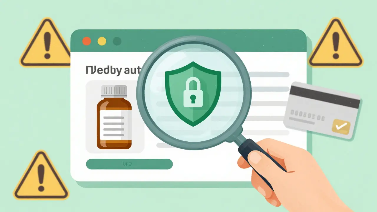 Magnifying glass checking safe payment and expiry dates on medicine order