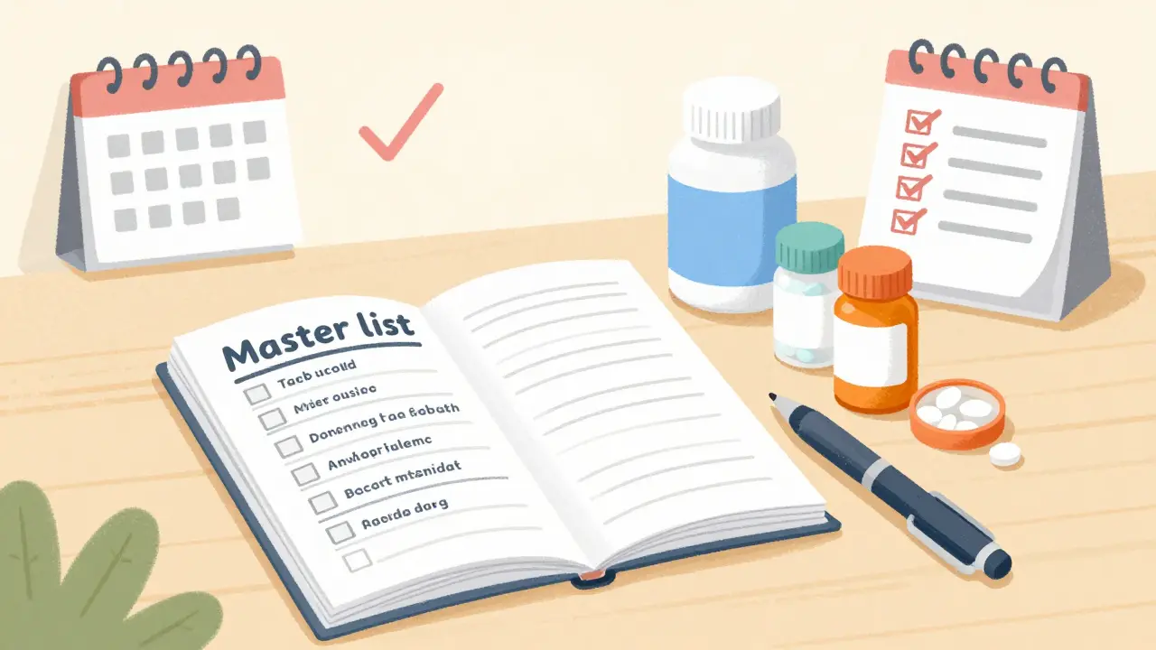 Organized desk with master medication list and sorted pill bottles