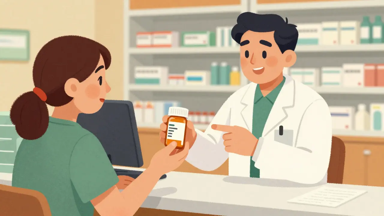 Pharmacist explaining prescription details to a happy customer