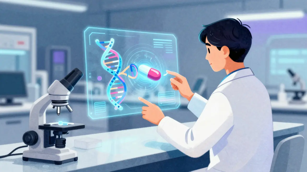 Scientist viewing DNA and pill hologram in a lab illustration