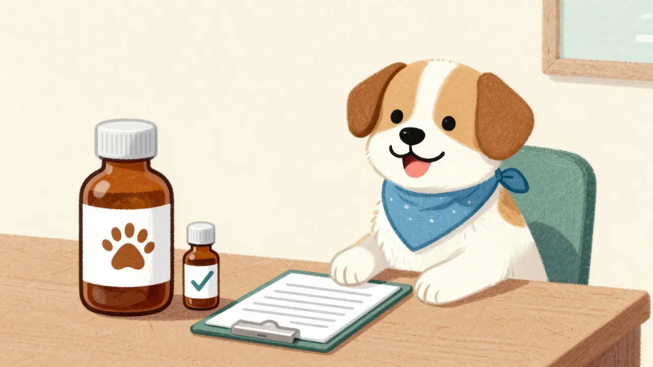 Vet checking dog with pet and human medicine bottles on desk
