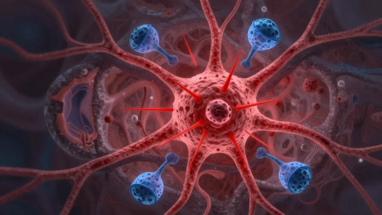 Abstract art showing Riluzole blocking glutamate toxicity