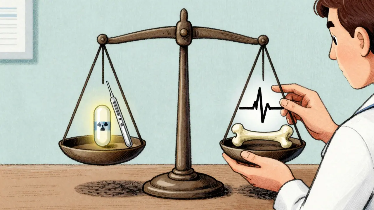 Balance scale weighing treatment options against health risks