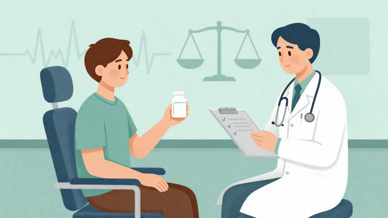 Calm illustration of a patient taking safer medication under doctor supervision.