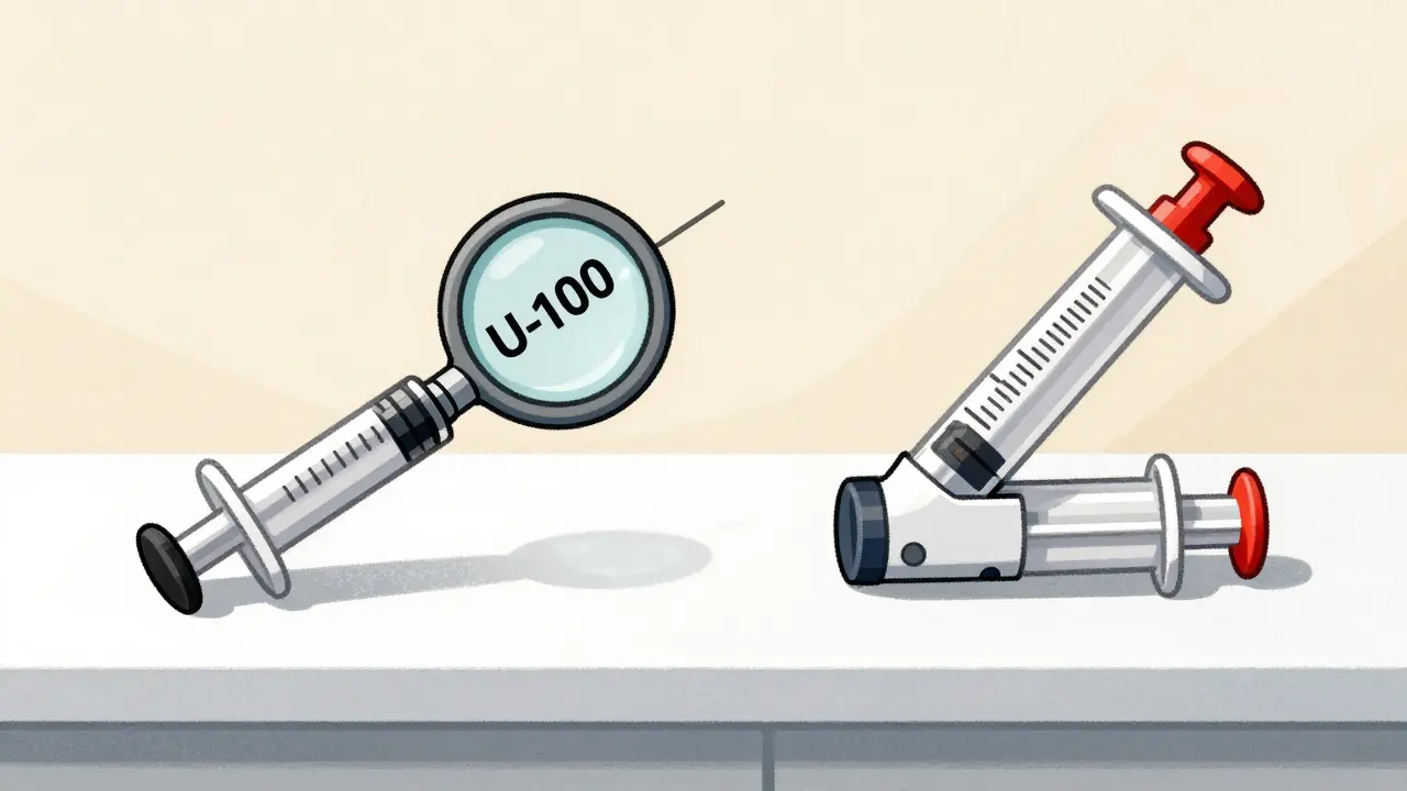 Comparison of U-100 and U-500 insulin syringes on a counter