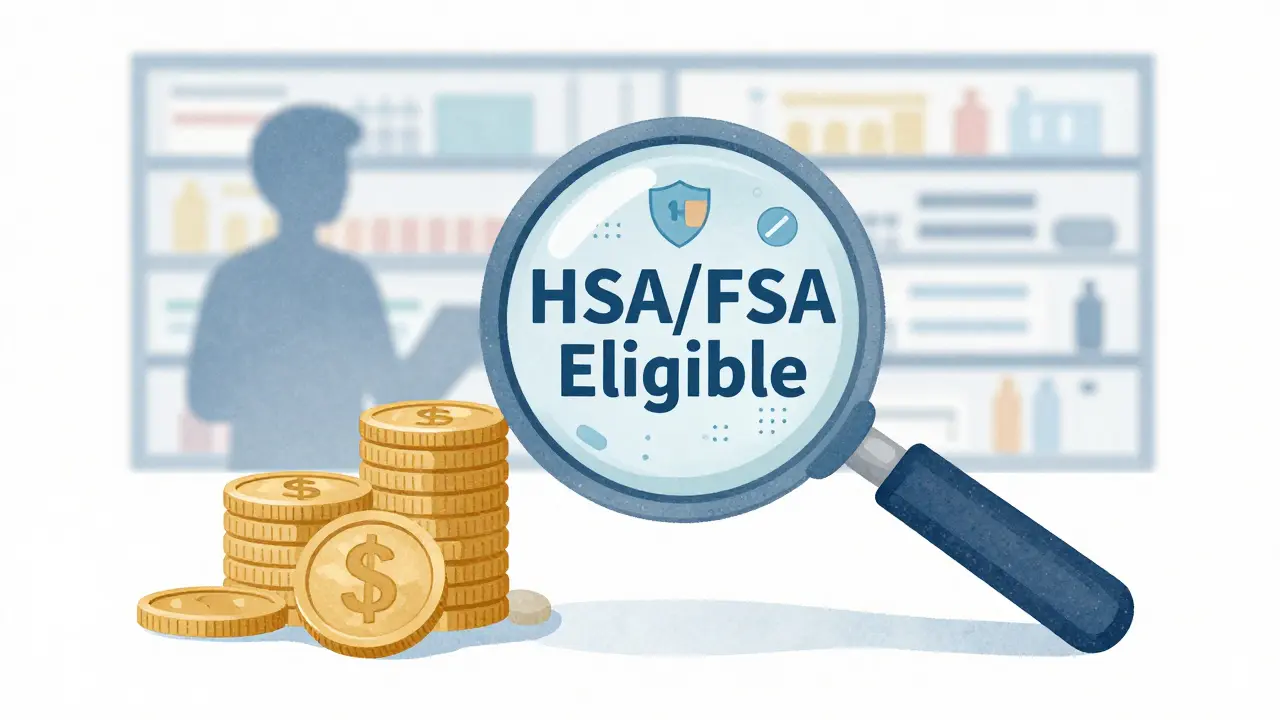 Conceptual art showing coupons, coins, and HSA eligibility for saving money on meds
