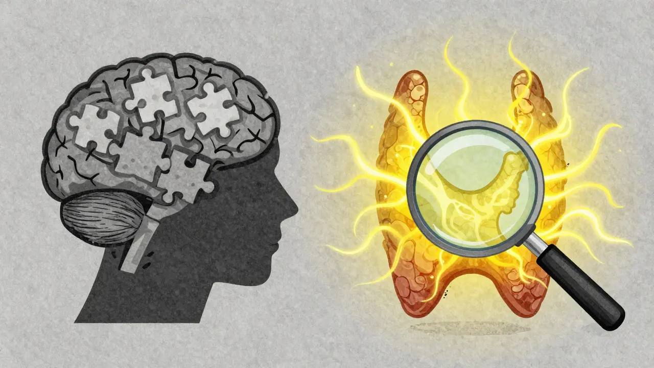Conceptual art showing thyroid issues mimicking ADHD symptoms with a magnifying glass.