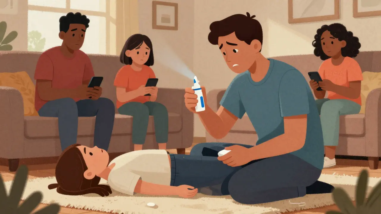 Family administering naloxone nasal spray during a home overdose emergency