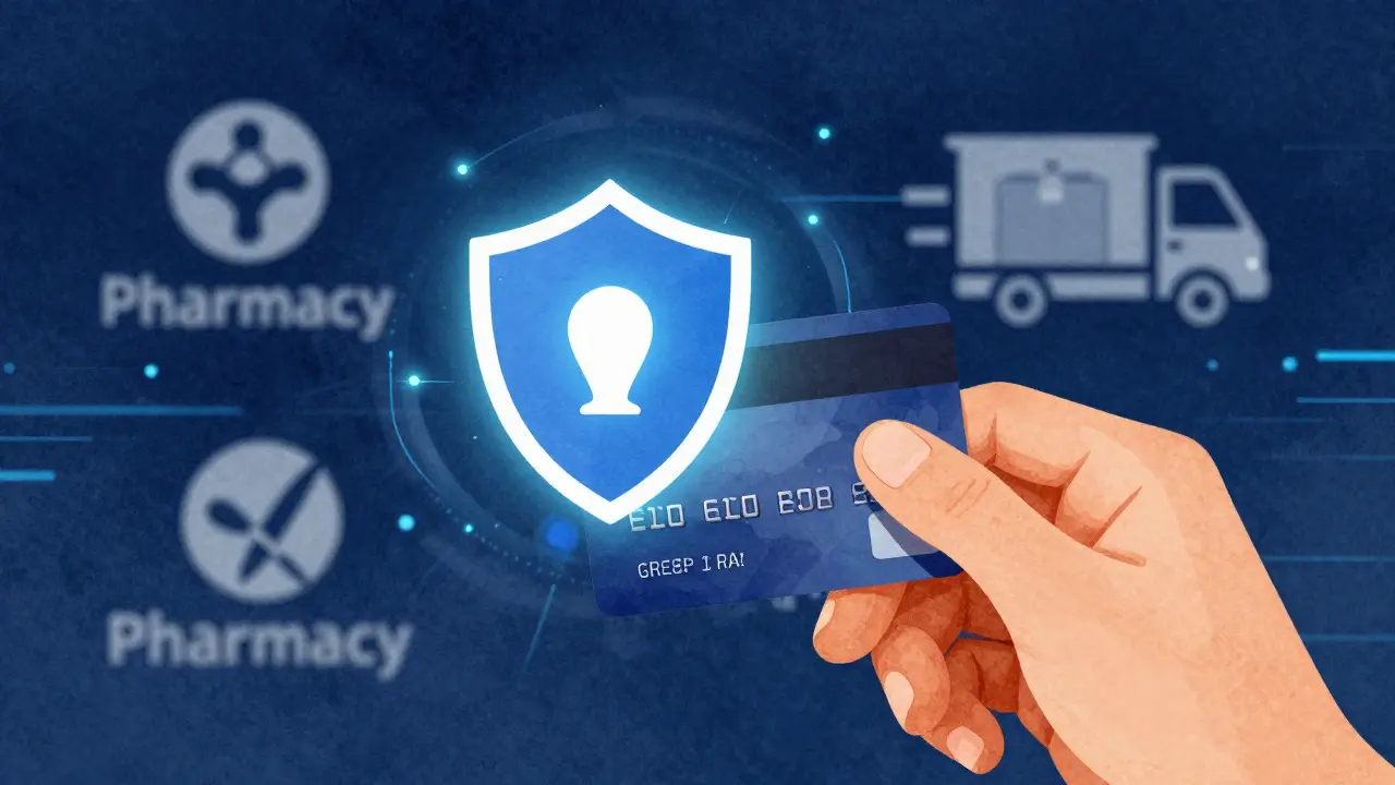 Hand with credit card near security shield and delivery truck