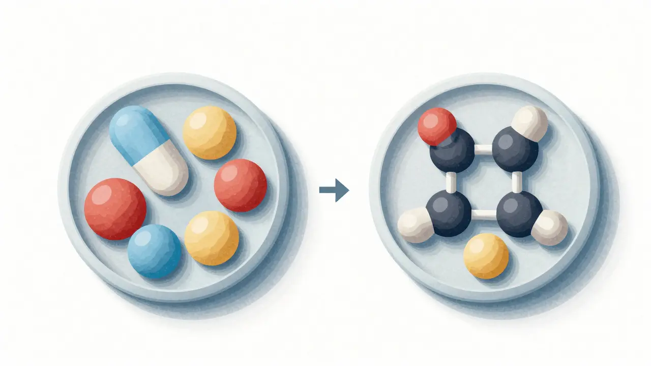 Illustration comparing active and inactive ingredients in pills