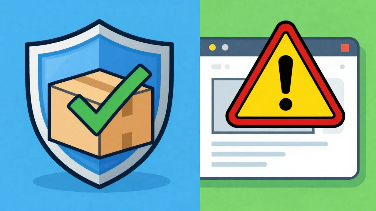 Illustration contrasting safe verified pharmacies with risky sites