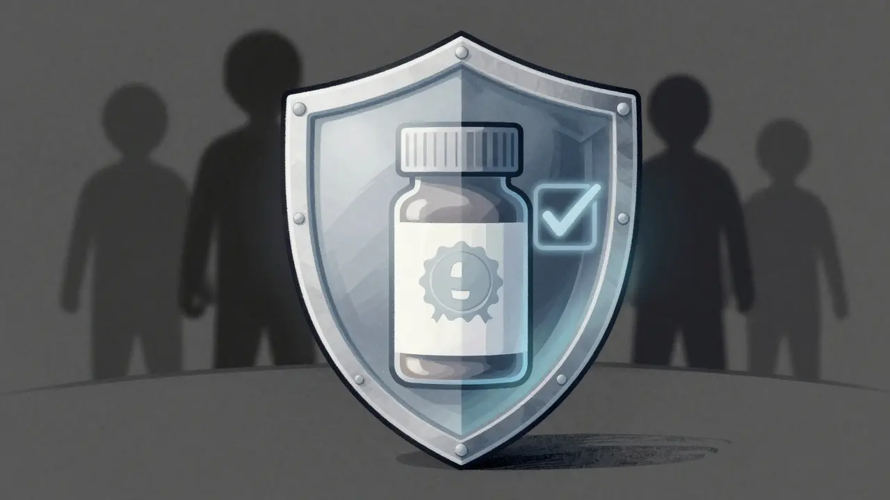 Illustration of a protective shield guarding a medicine bottle from online scams
