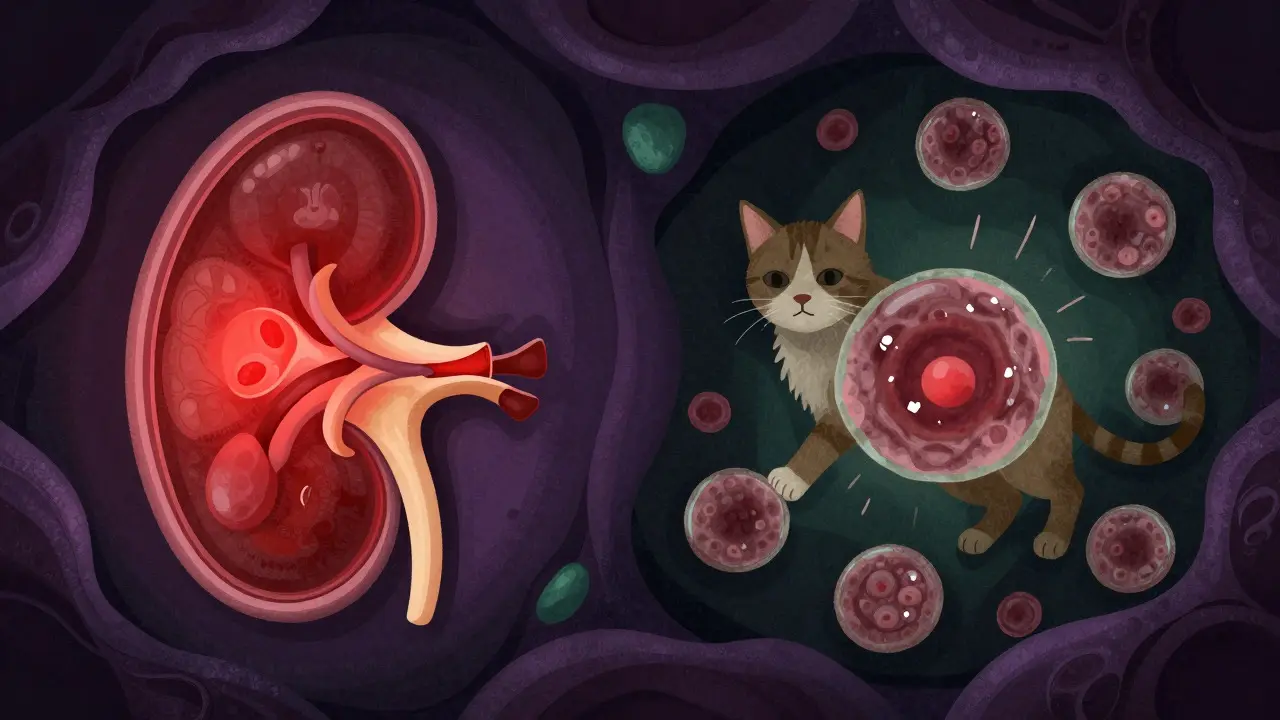 Illustration of drug toxicity affecting dog kidneys and cat blood