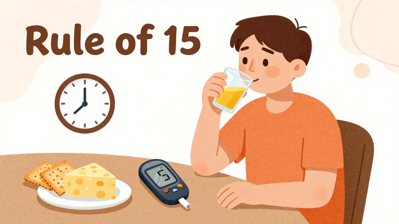 Illustration of person treating low blood sugar with juice and snacks