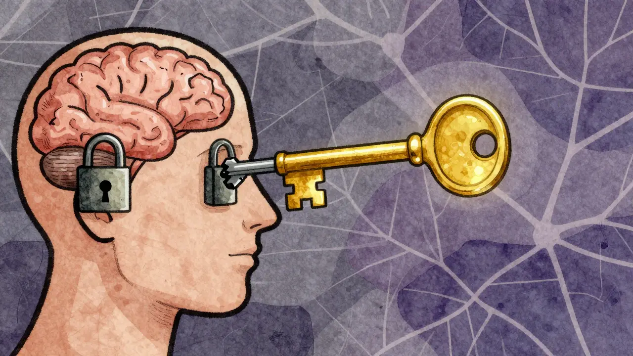 Metaphorical illustration of naloxone blocking opioid receptors in the brain