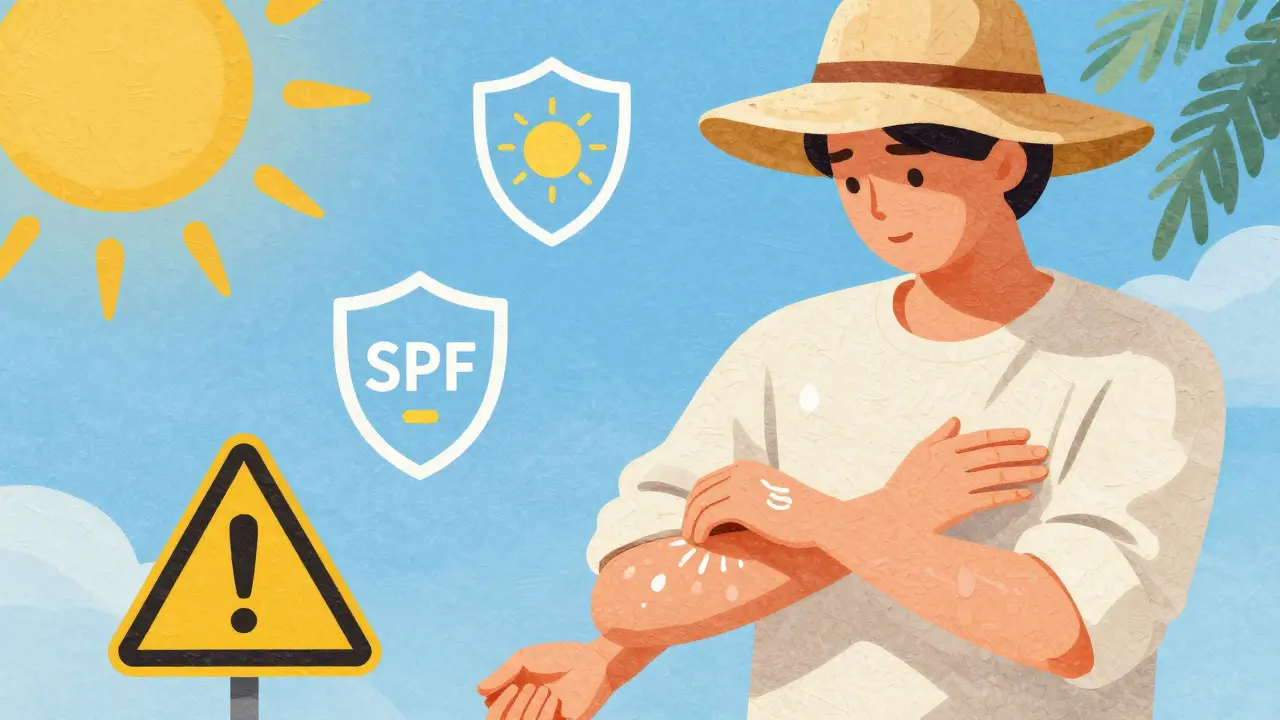 Person applying sunscreen and wearing protective clothing against sun sensitivity