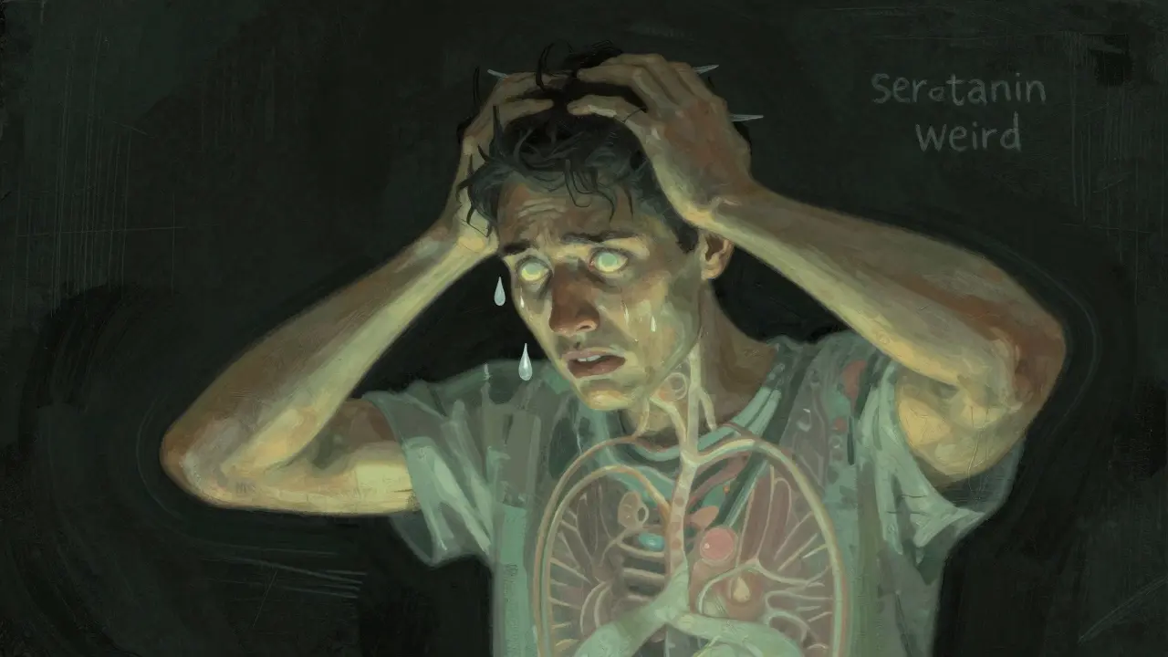 Person exhibiting symptoms of serotonin syndrome like sweating and tremors in textured art style