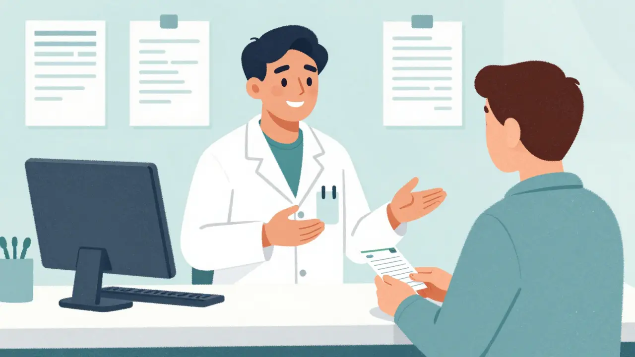 Pharmacist explaining medication options to a concerned patient